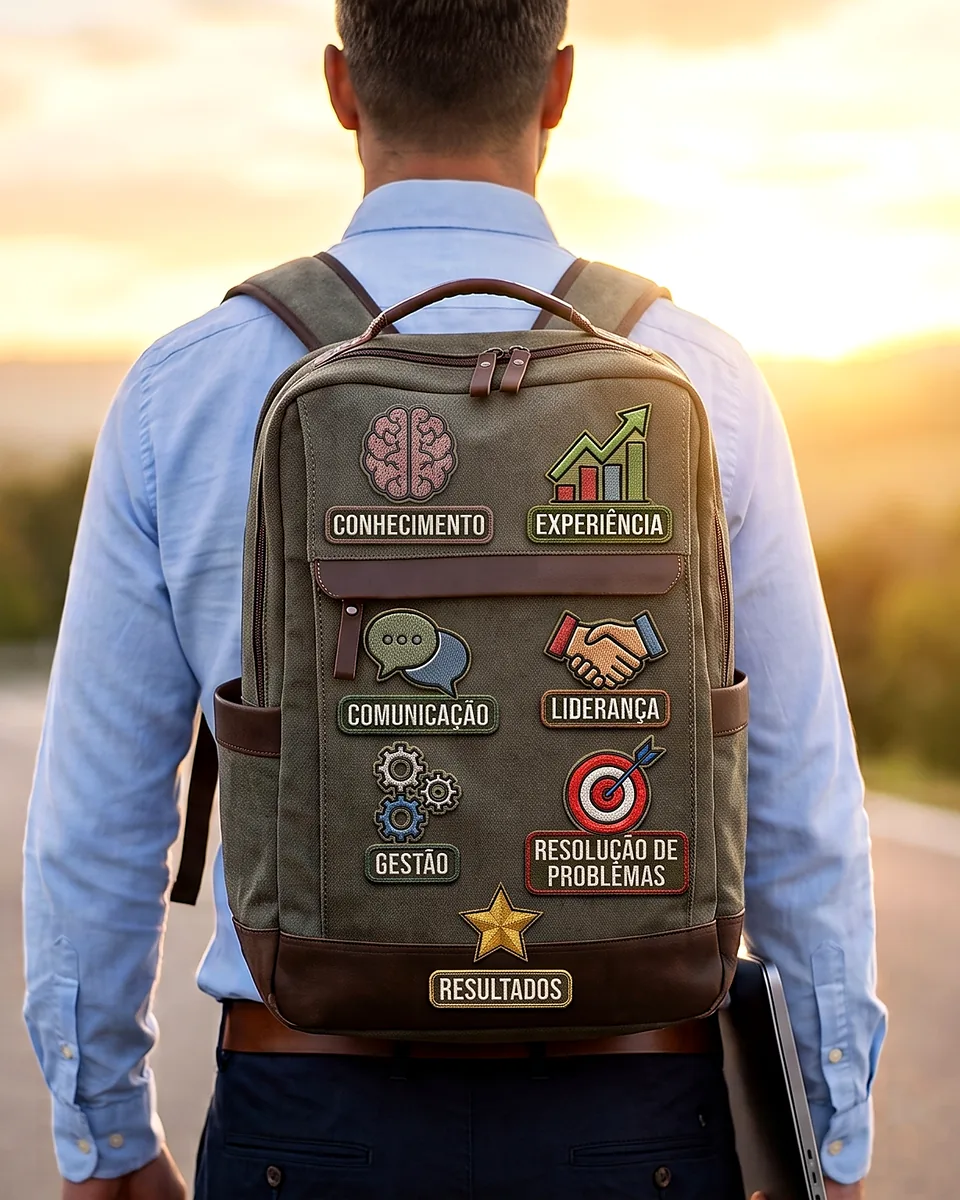 Profissional de costas em uma estrada ao pôr do sol, carregando uma mochila com emblemas de competências: conhecimento, experiência, comunicação, liderança, gestão, resolução de problemas e resultados